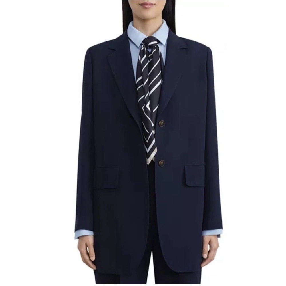 The Lafayette 148 New York Zane Blazer Navy 100% Silk Big Stitch Detail Women‎ S